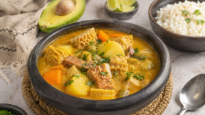 Mondongo colombiano servido con arroz y aguacate
